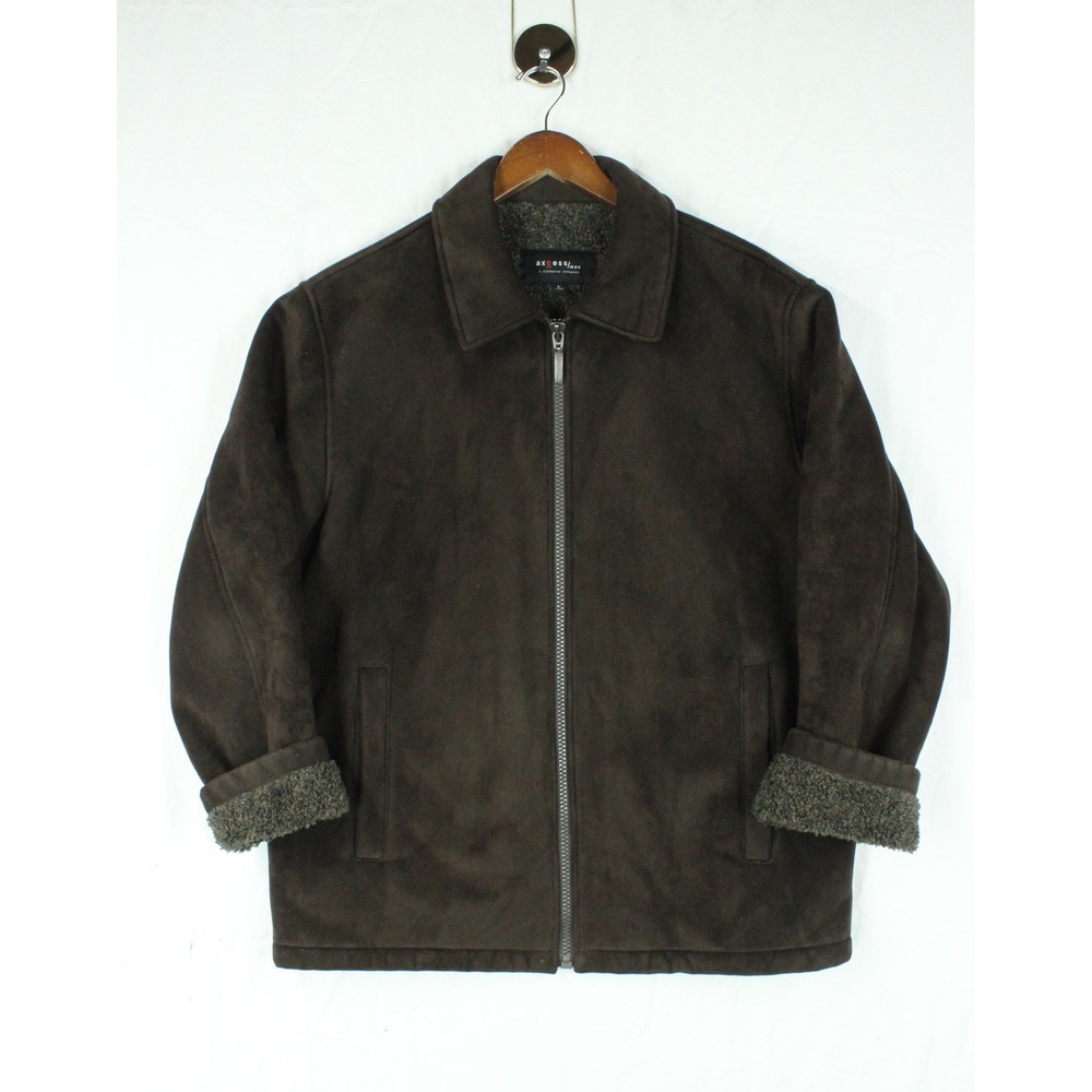 Vintage Dark Brown Faux Suede Sherpa Lined Full Zip Jacket Mens L Minimalist